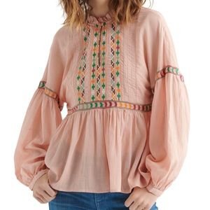 46. Lucky Brand Embroidered Peasant Top Blouse M Blush